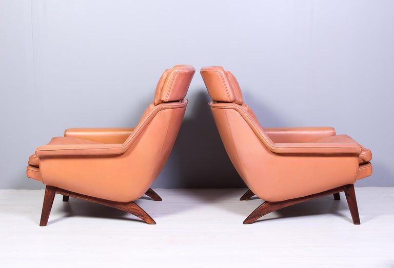 Leather and rosewood chairs and Ottoman by Werner Langenfled Denmark 1960s