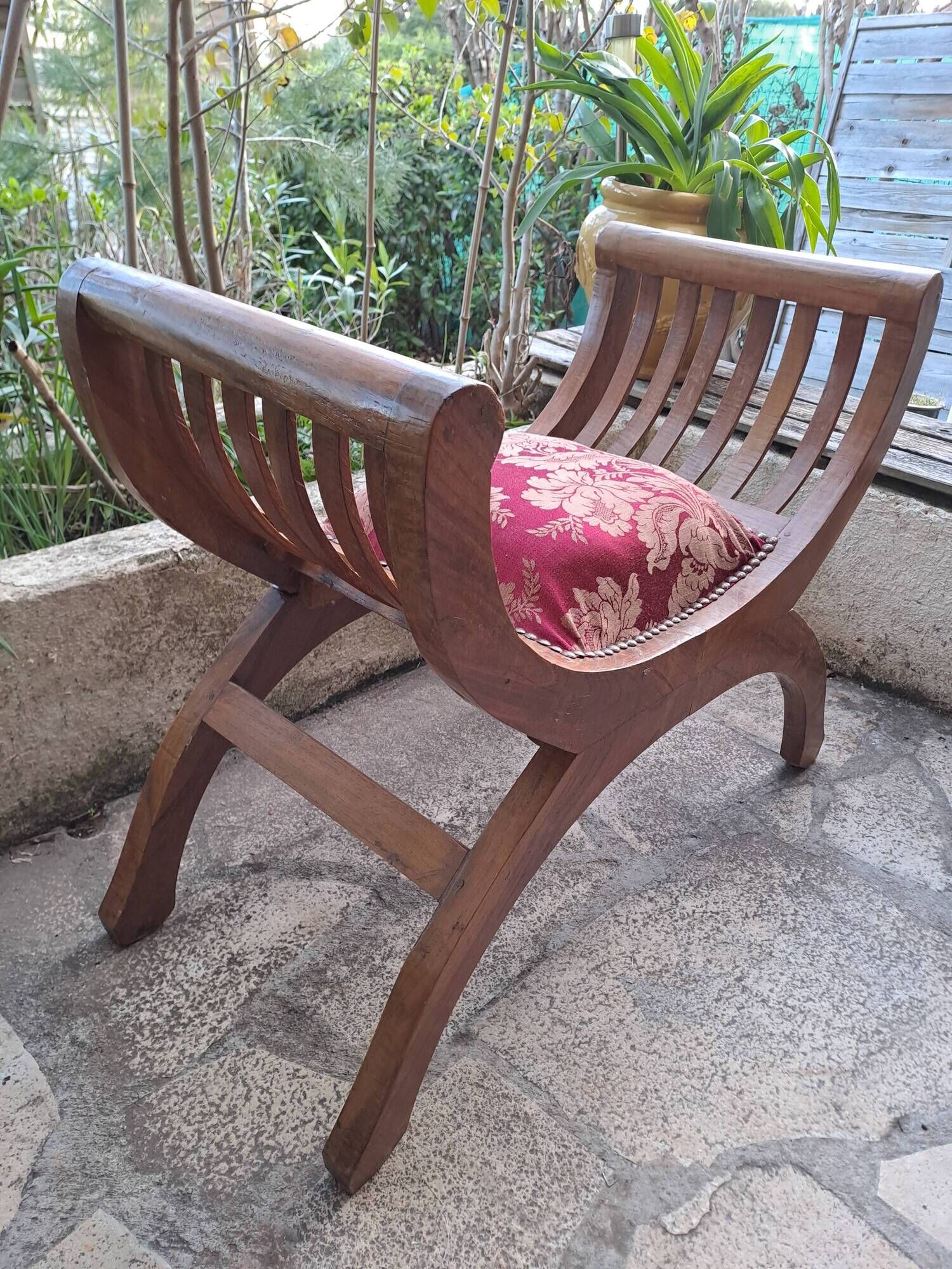 CURULE seat in antique Roman style, restored in teak wood and jacquard satin fabric