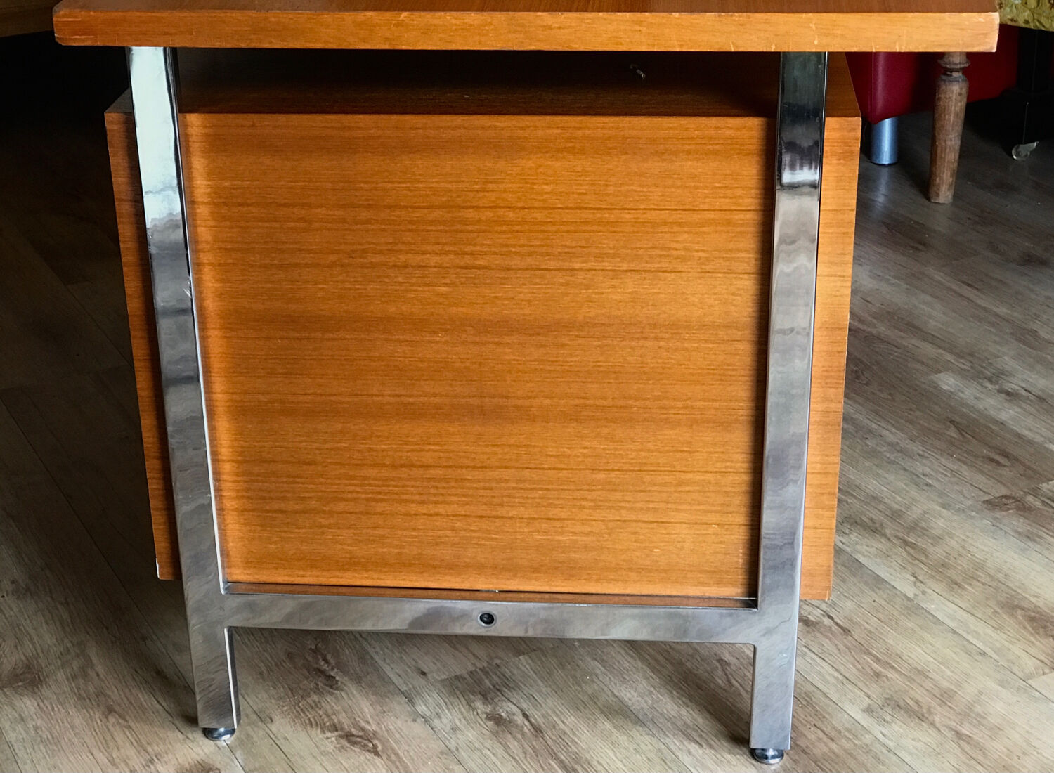 Vintage teak and stainless steel desk with two pedestals