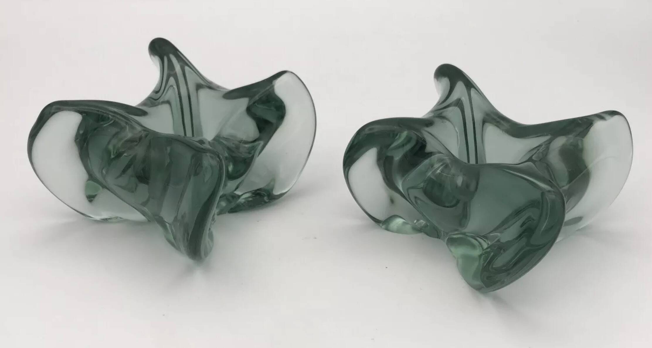 Pair of vintage blue/green tinted glass candlesticks from the 70s