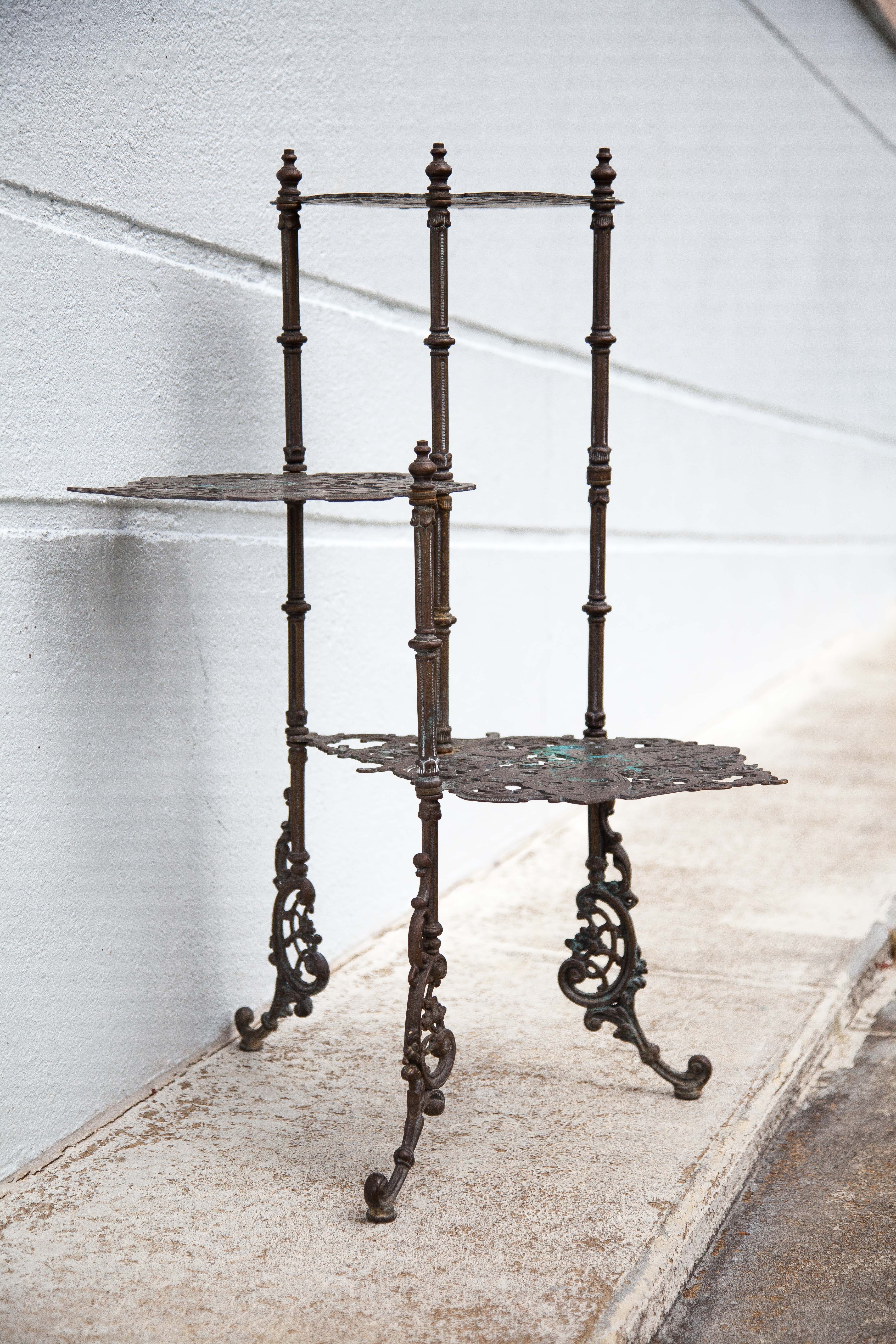 Old bronze harness 3 levels, bronze plant holder, butterfly patterns, planter, patio