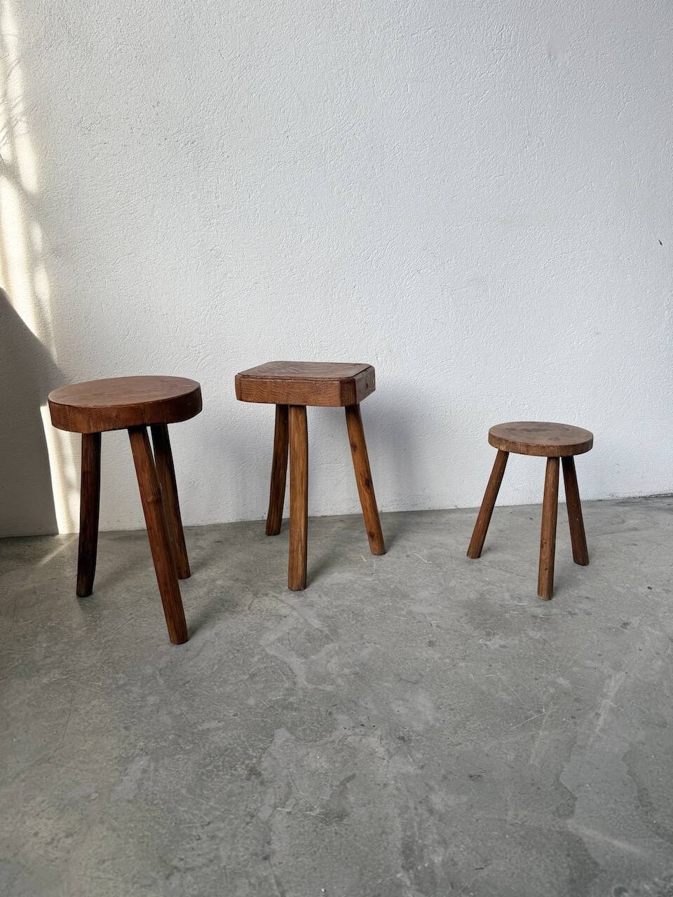 3 free-form oak tripod stools