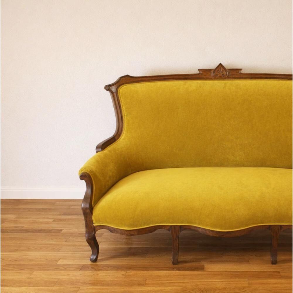 Art Nouveau walnut and mustard velvet sofa