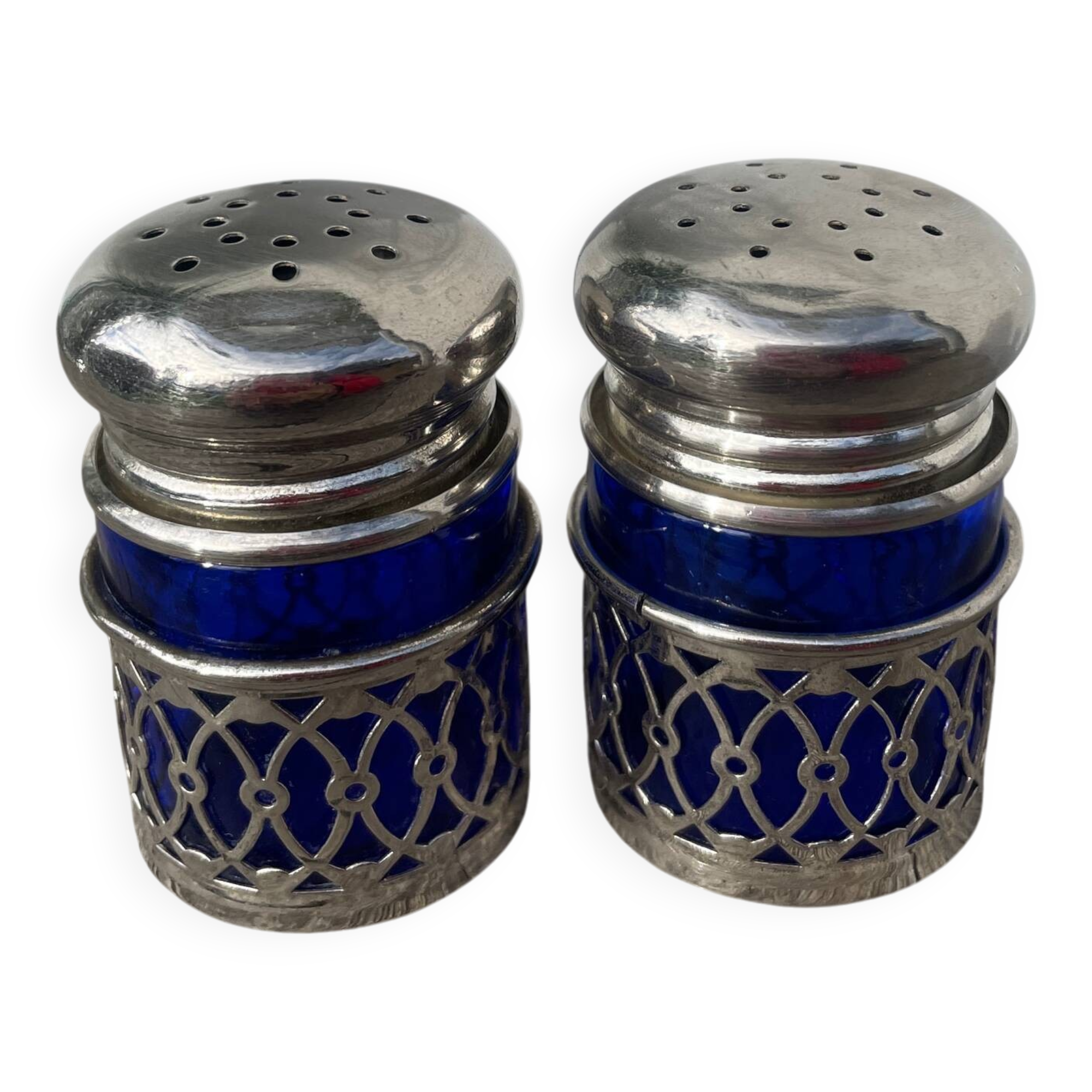 Silver-plated metal and blue glass salt and pepper shaker