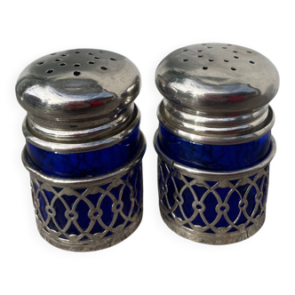 Silver-plated metal and blue glass salt and pepper shaker