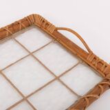 Plateau de service vintage italien en osier et verre, Italie années 1970