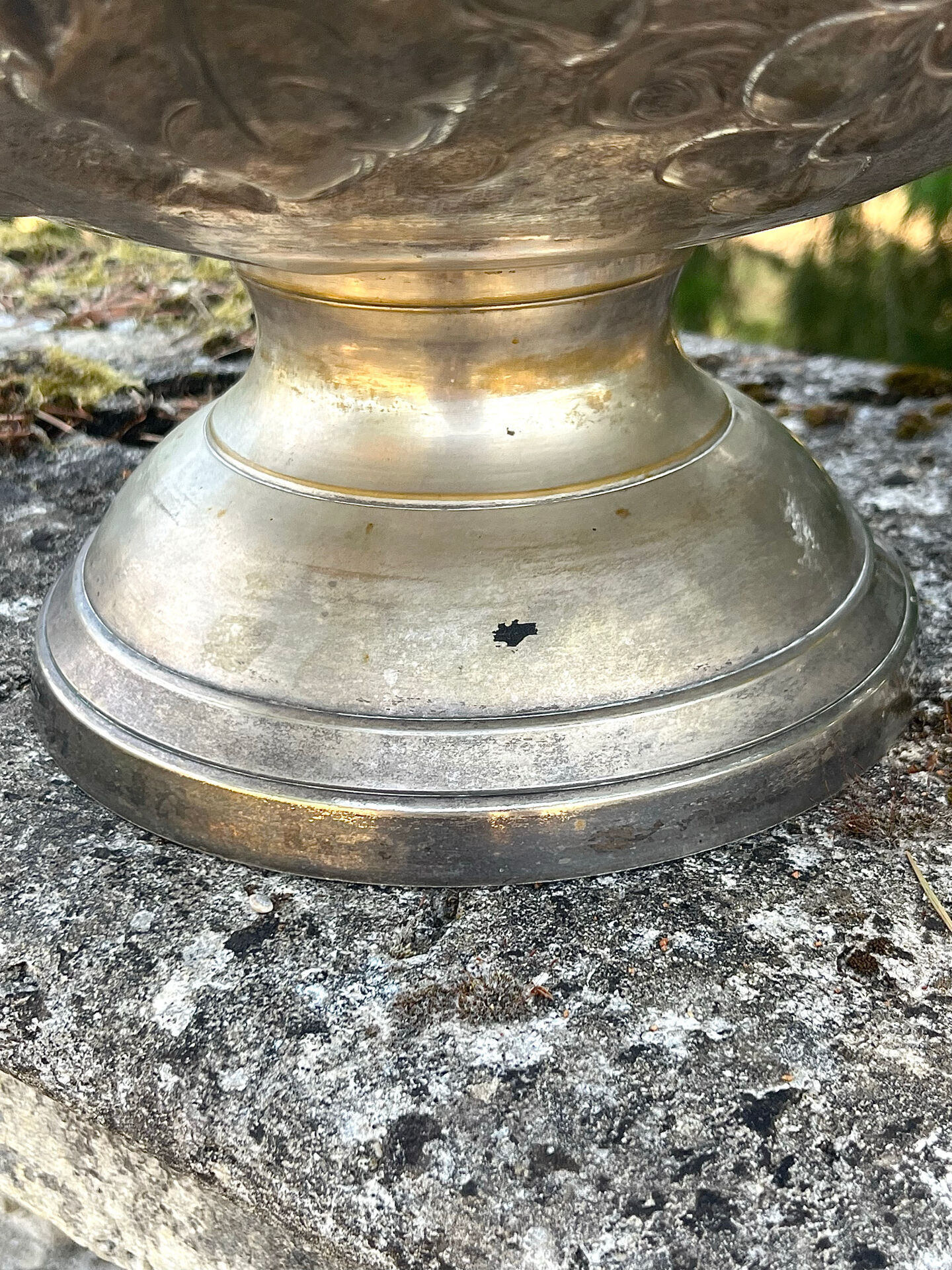 Large silver plated champagne cooler bowl on pedestal with grape