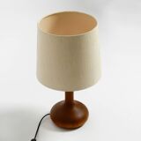 Beautiful minimalist 80s DOMUS teak table lamp with original wild silk fabr
