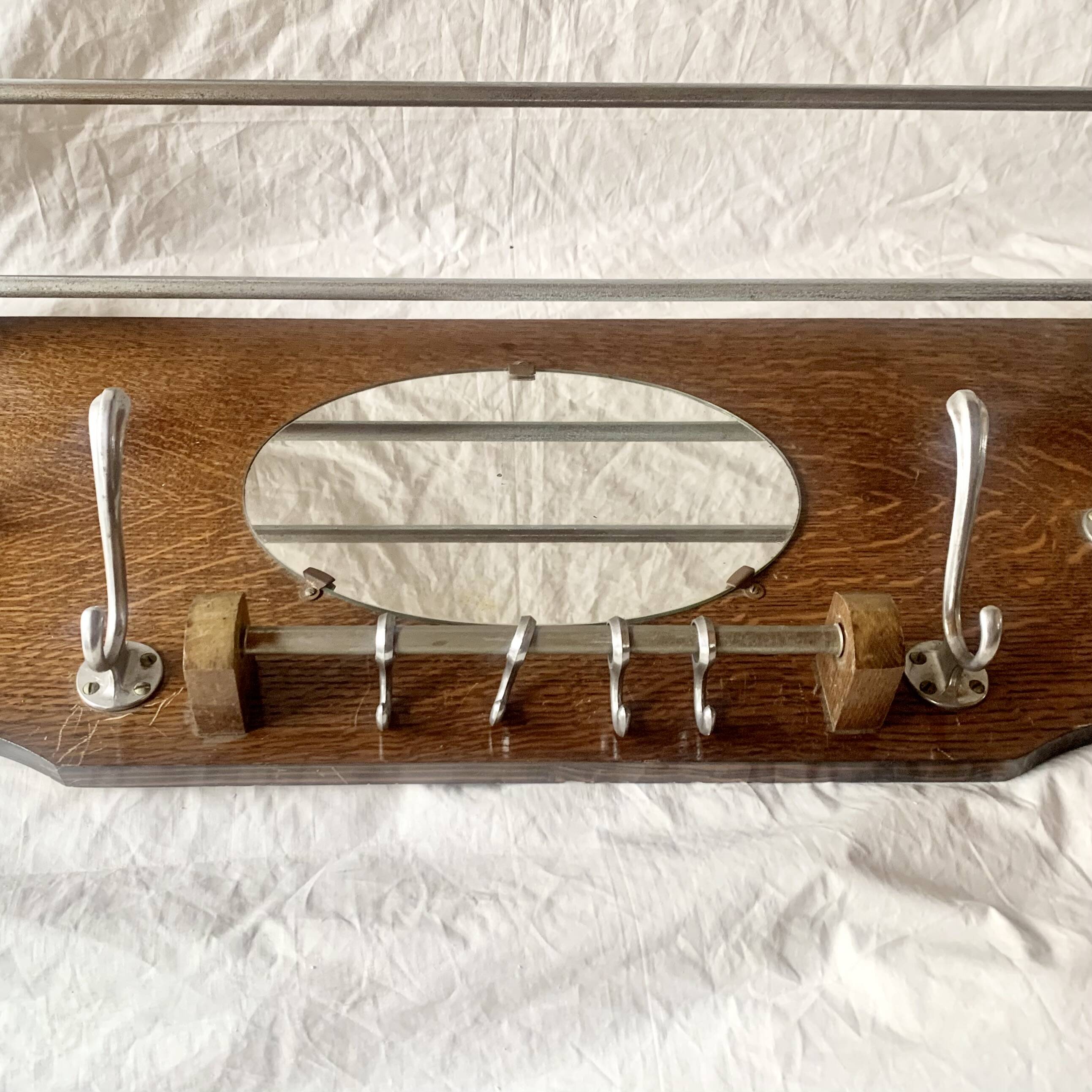 Large Art Deco wooden wall coat rack with mirror and hat rack
