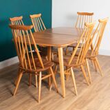 Retro Blonde Elm Model 444 Grand Plank Dining Table & 8 Goldsmith Dining Chairs