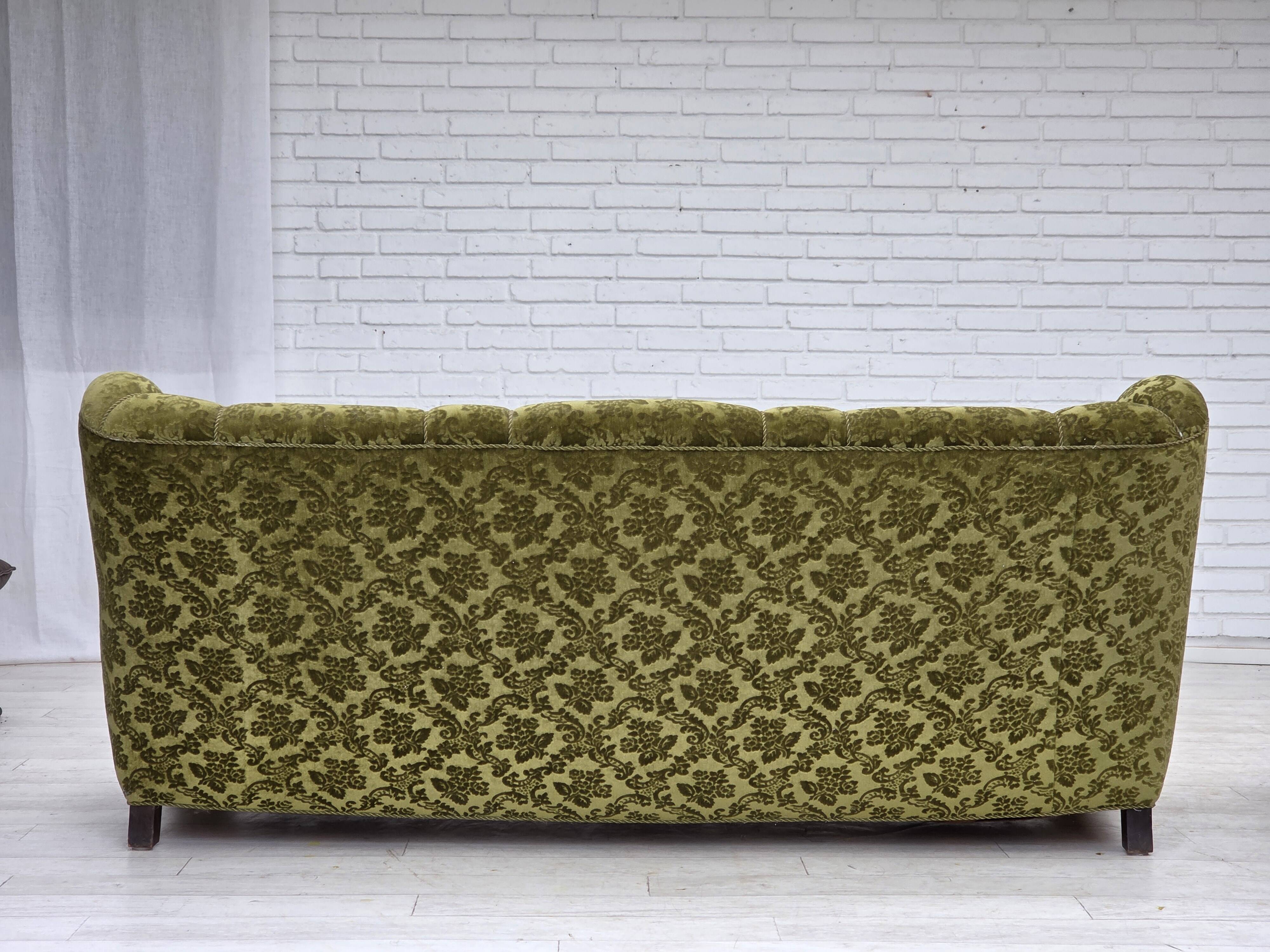 1960s, Danish 3-seater sofa, furniture velour, carved oak wood.