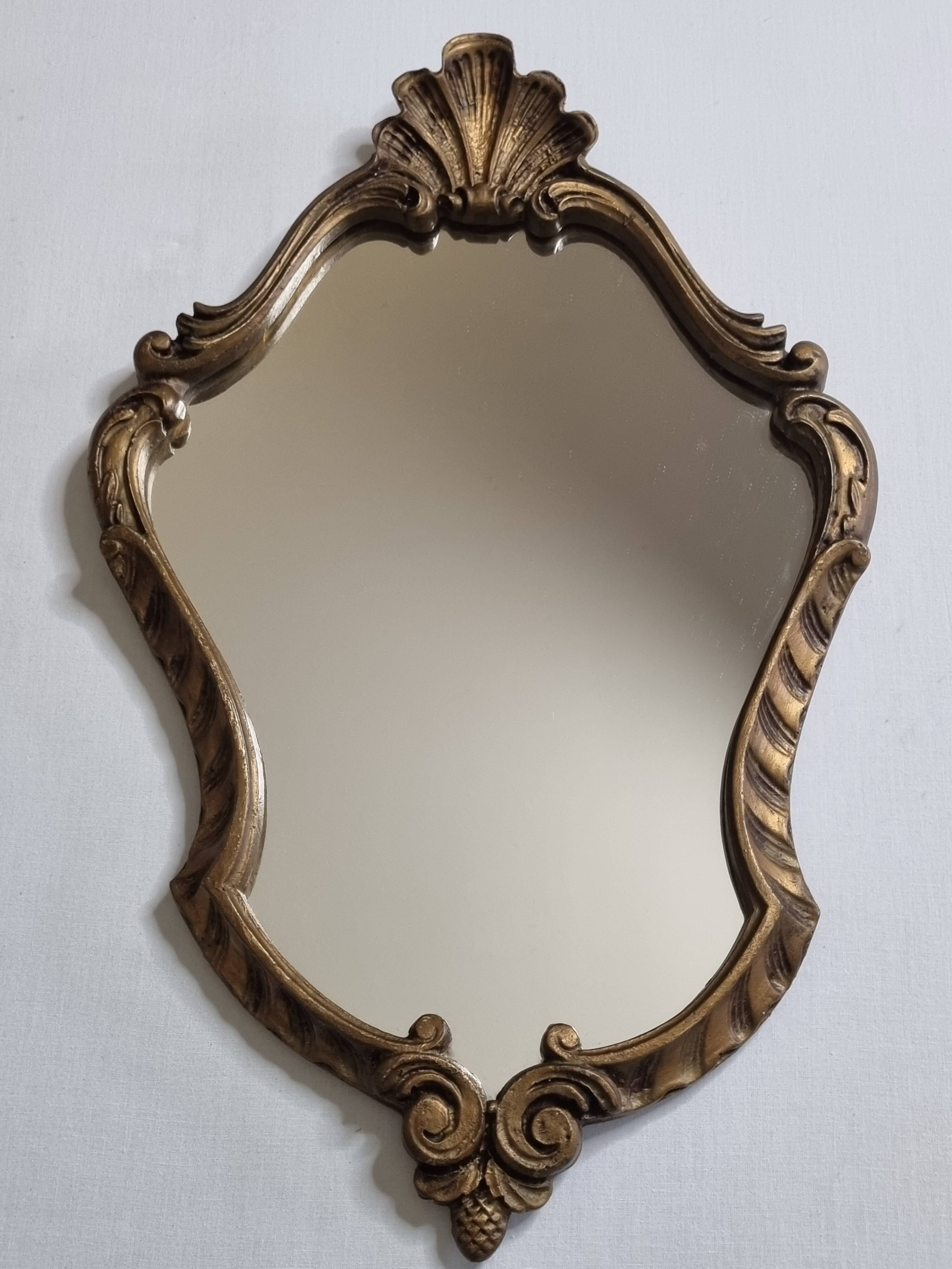 Antique rococo mirror in patinated gilded wood with shell decoration 49 x 31 cm