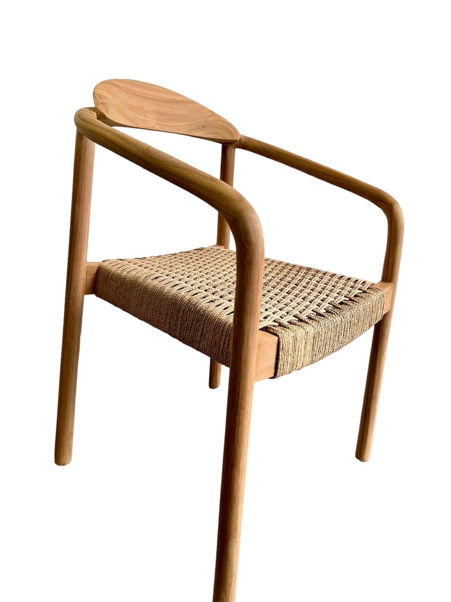Solid wood chair with woven seat and armrests