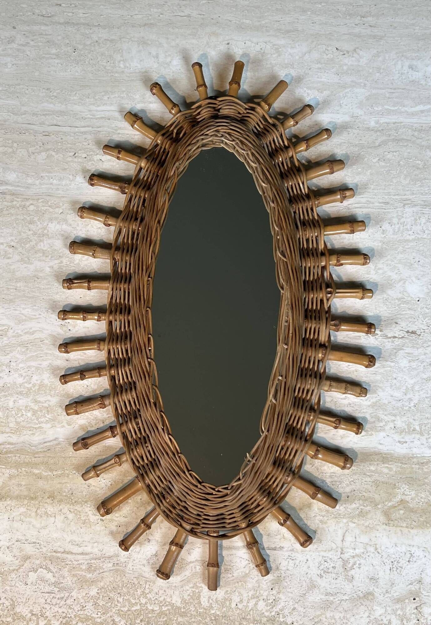 Oval Mirror in Rattan. Woven Willow and Bamboo. French Work from the Riviera.
