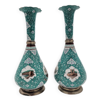 Pair of oriental-style enameled metal vases