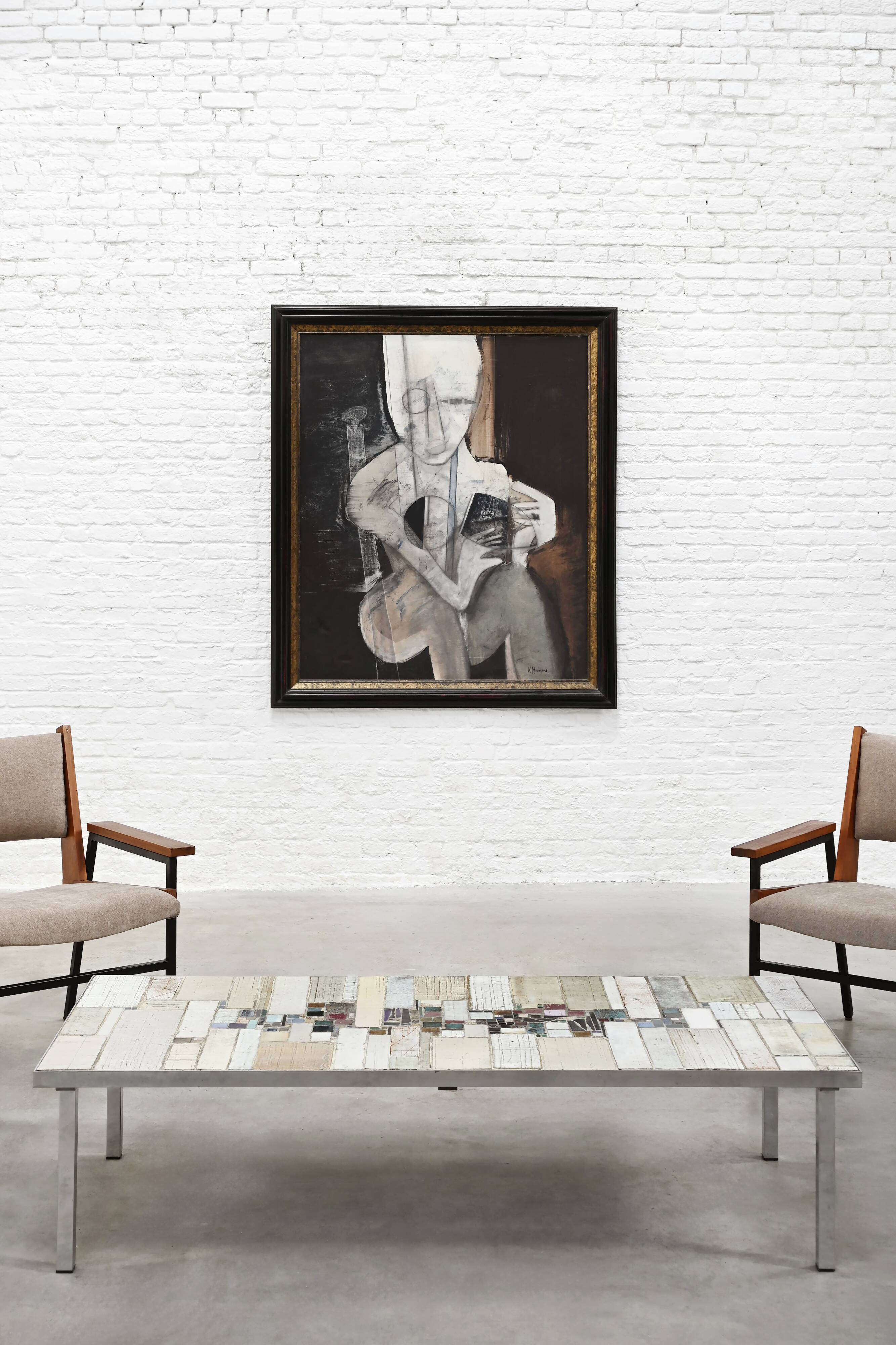 Brutalist Coffee Table by Pia Manu, Ceramic Top, Metal Base, Belgium