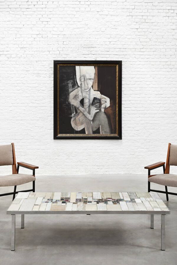 Table basse brutaliste par Pia Manu, plateau en céramique, base en métal, Belgique