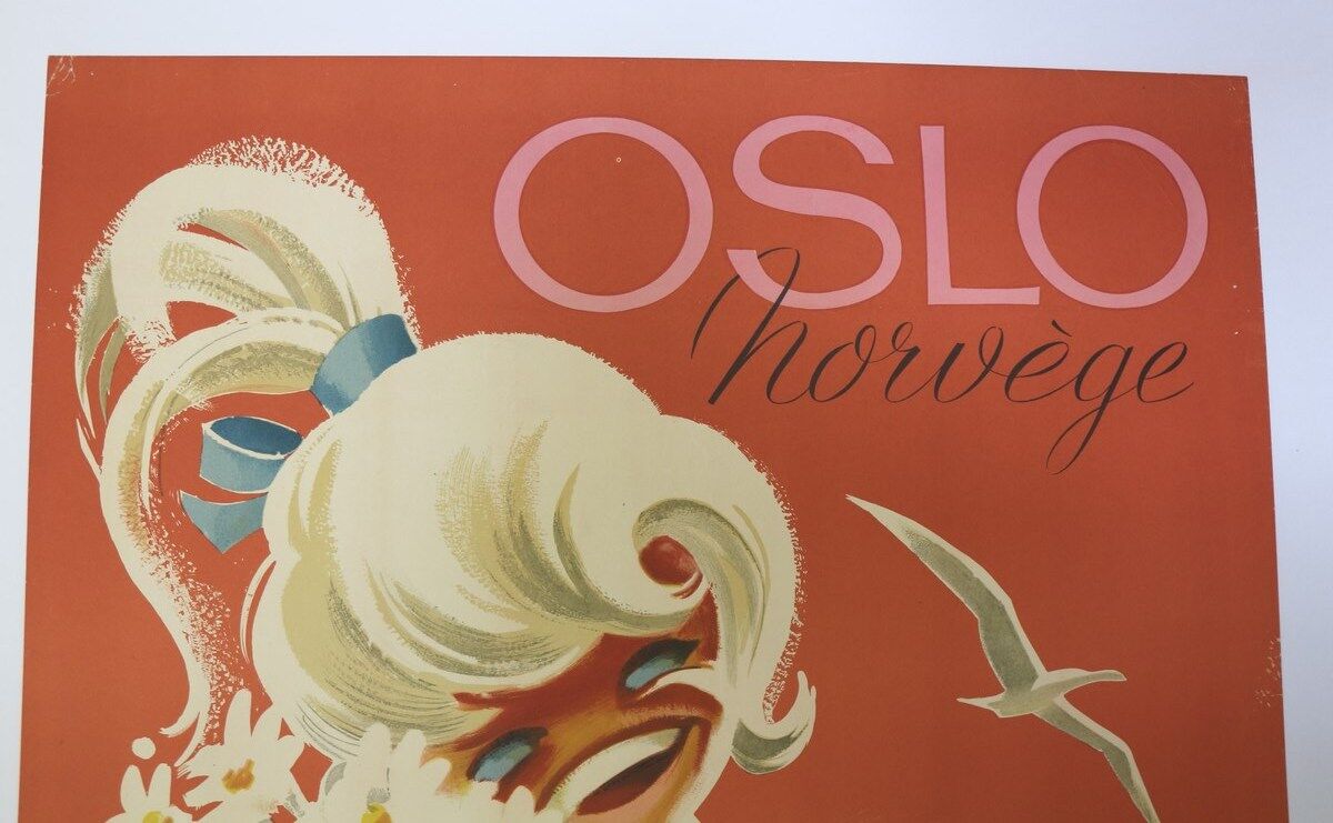 Original poster Oslo Norway doll 1962 Yran Knut boat beach travel railway tourism