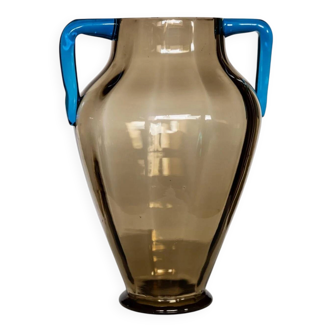 Large Vintage Murano Glass Vase in Amber and Bright Blue – Amphora Shape, 1960s Italian Mid-Century