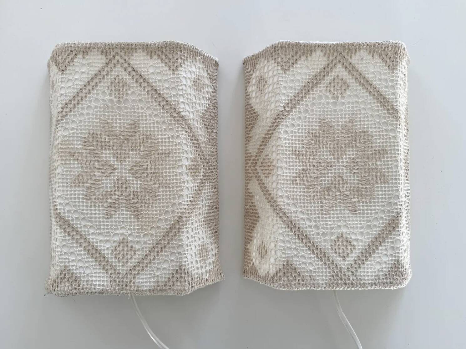 Pair swedish vintage crochete textile wall lamp, "näversom" handmade