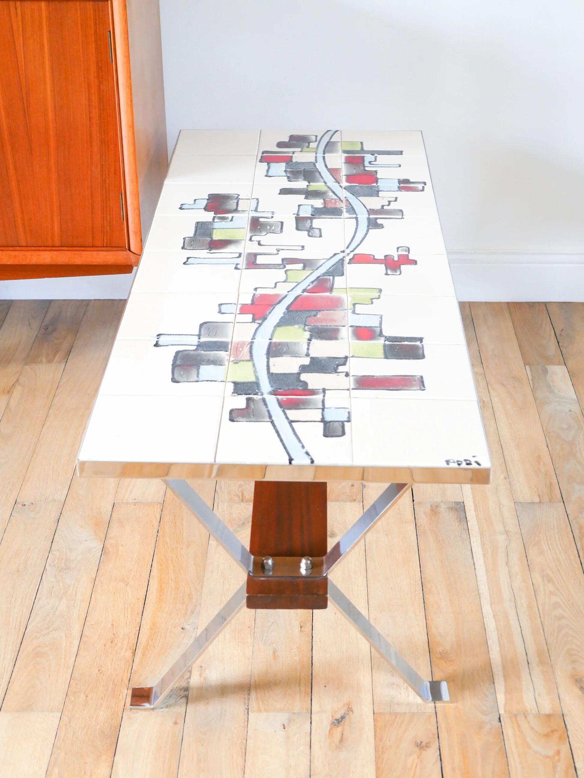 Ceramic coffee table, chrome and teak legs, Space Age, signed, 1970.
