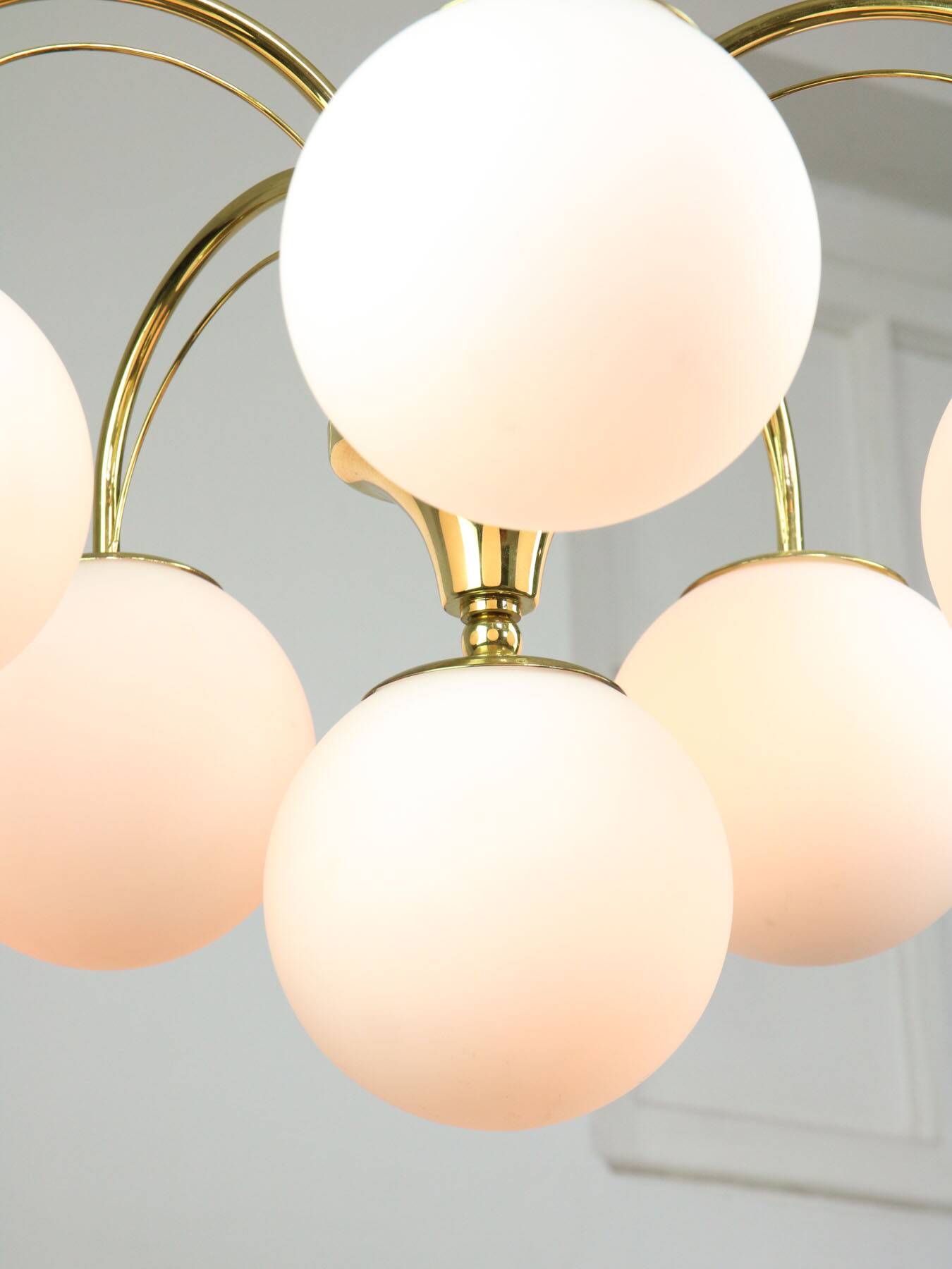 Vintage Golden & Opaline Glass 5-Arm Chandelier, 70s