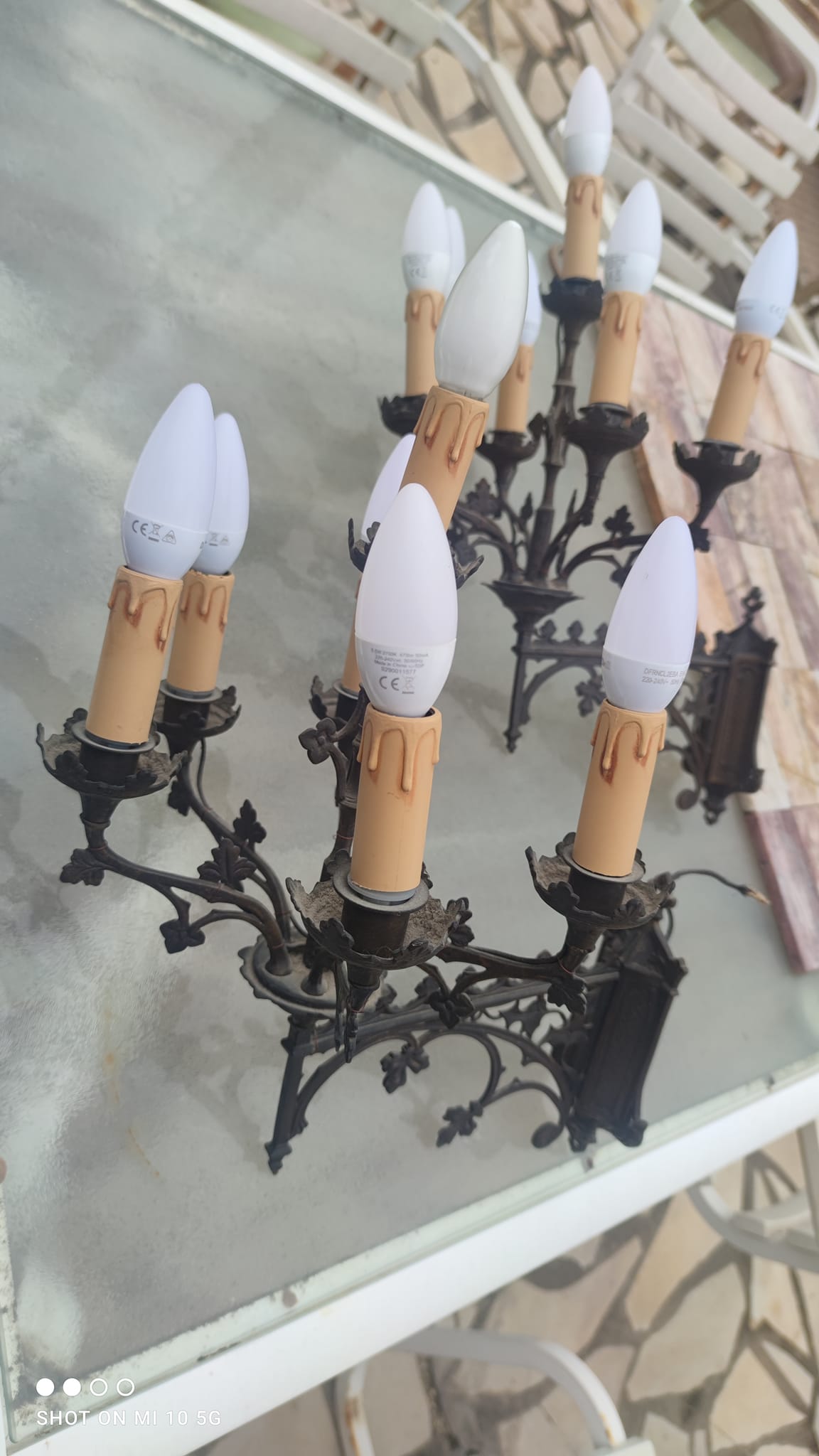 Pair of 19th-century bronze cathedral wall sconces with 5 lights