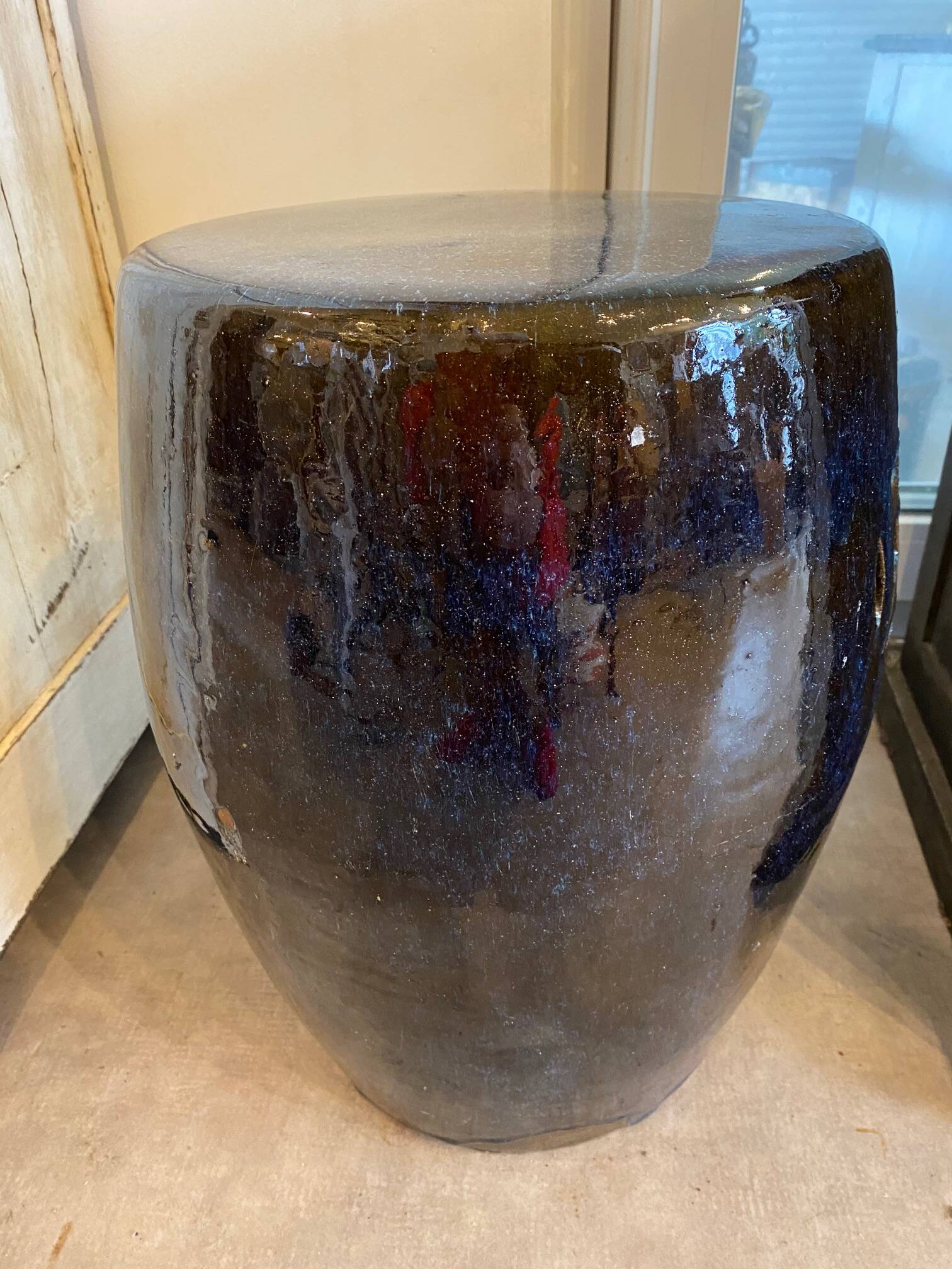 Varnished ceramic pouf chinese style blue tones interior or exterior