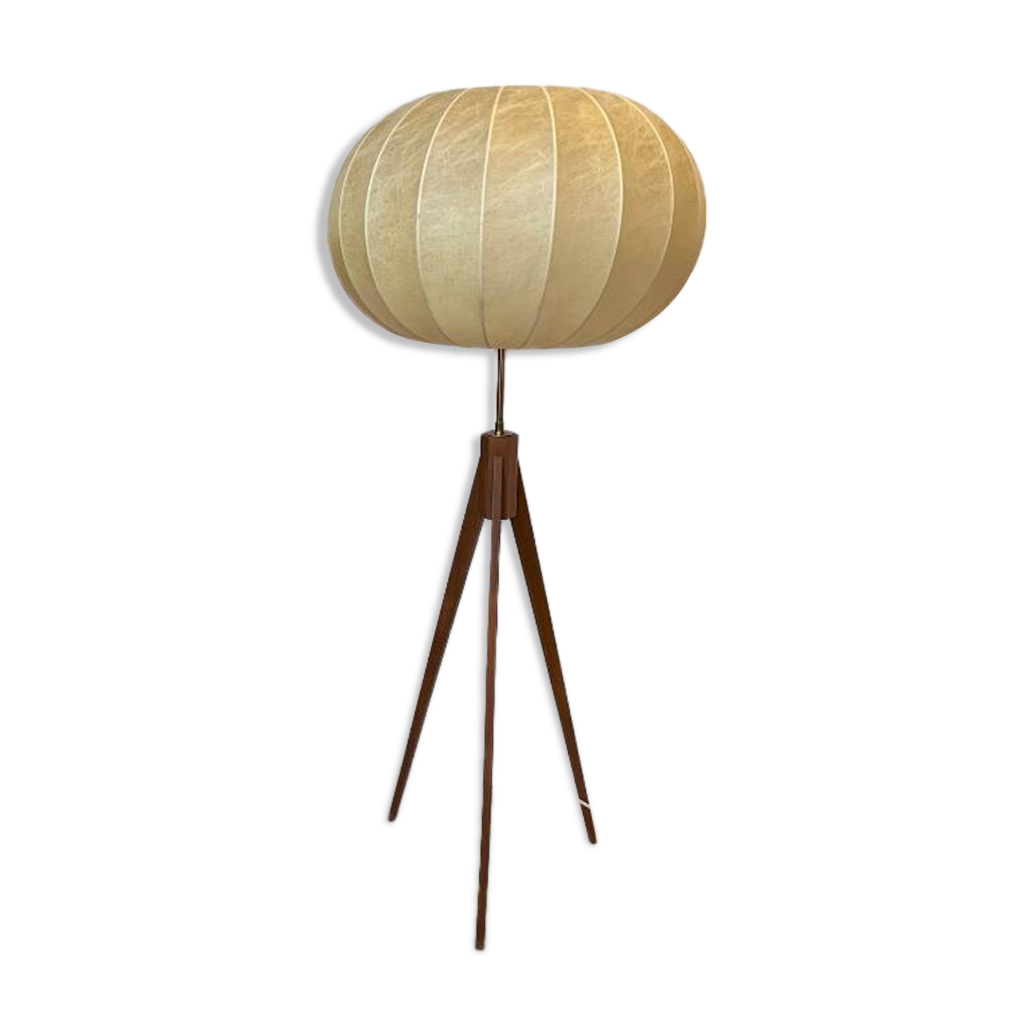 Lampadaire vintage tripode teck et abat-jour cocoon