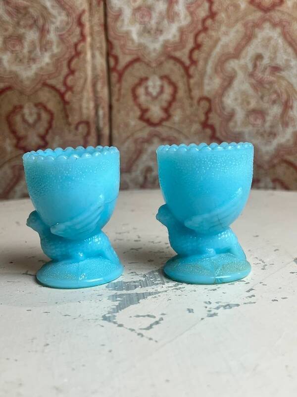 Pair of blue opaline egg cups signed SV Schmid Glassworks
