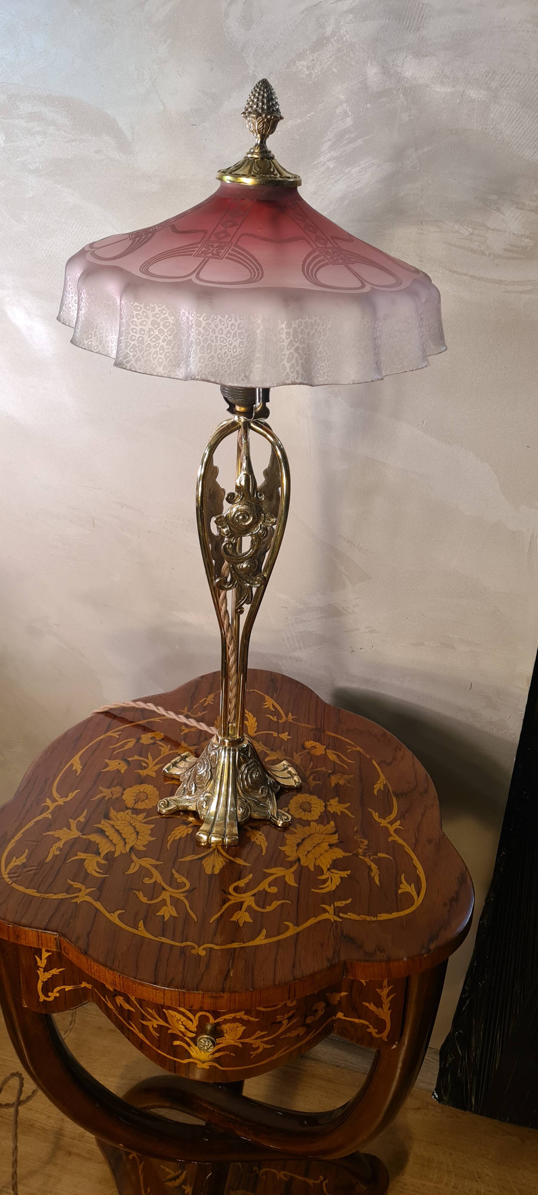 1920 bronze lamp pink tinted glass shade & acid etched art nouveau 63x30