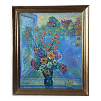 Oil painting on cardboard signed, dimensions: height - 88 cm, width - 75 cm.