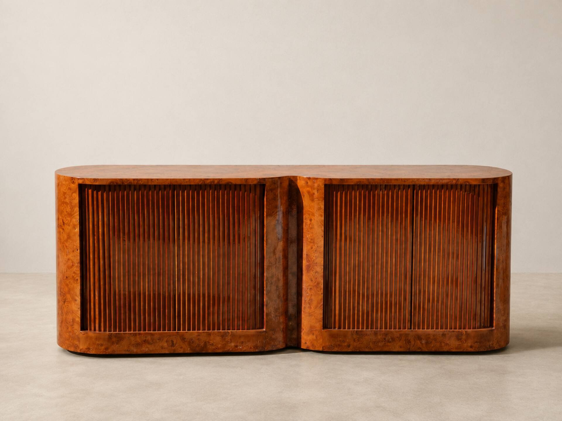 Vintage sideboard with tambour doors in wood burl