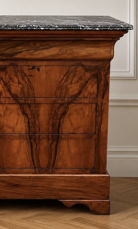 Commode d’époque Louis-Philippe en ronce de noyer, milieu du XIXe siècle