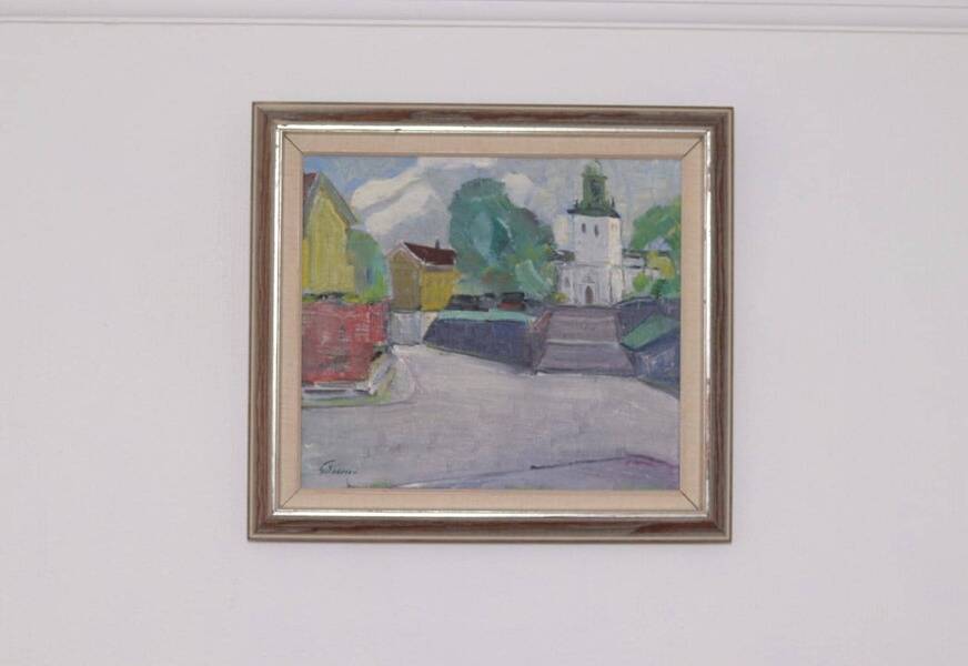 Original Swedish oil on canvas – “Church” by Stig Gilborne – vintage & framed – 67 × 52 cm (26.4" × 20.5")