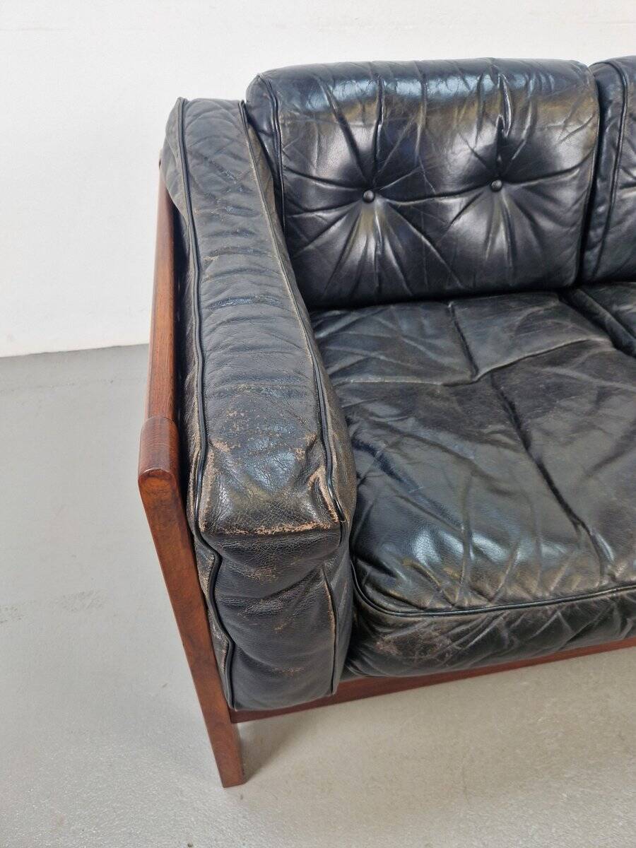 Mid-Century Modern Scandinavian Monte Carlo Sofa in Black Leather and Wood by Ingvar Stockum, 1965