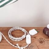 Earthenware lamp and striped lampshade