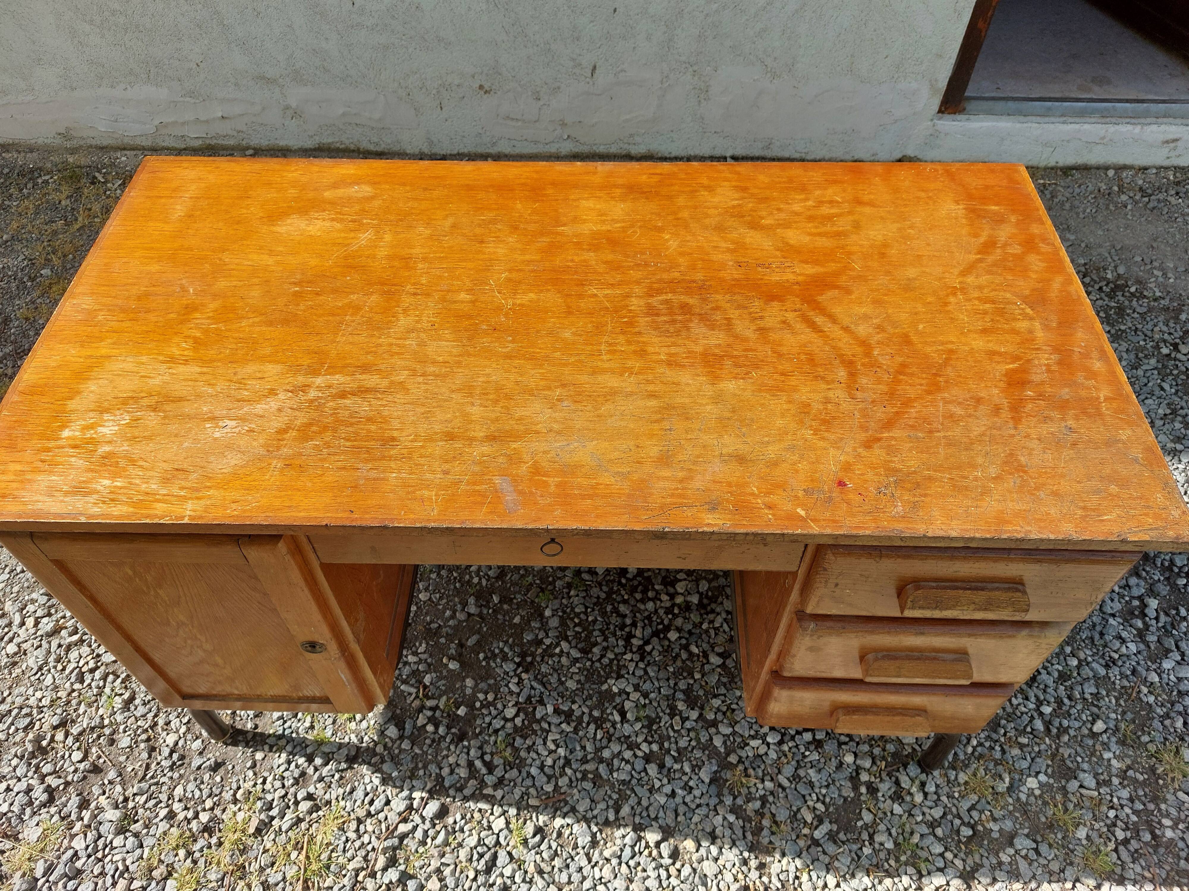 schoolmaster's desk, wood and metal, with drawers and cupboard