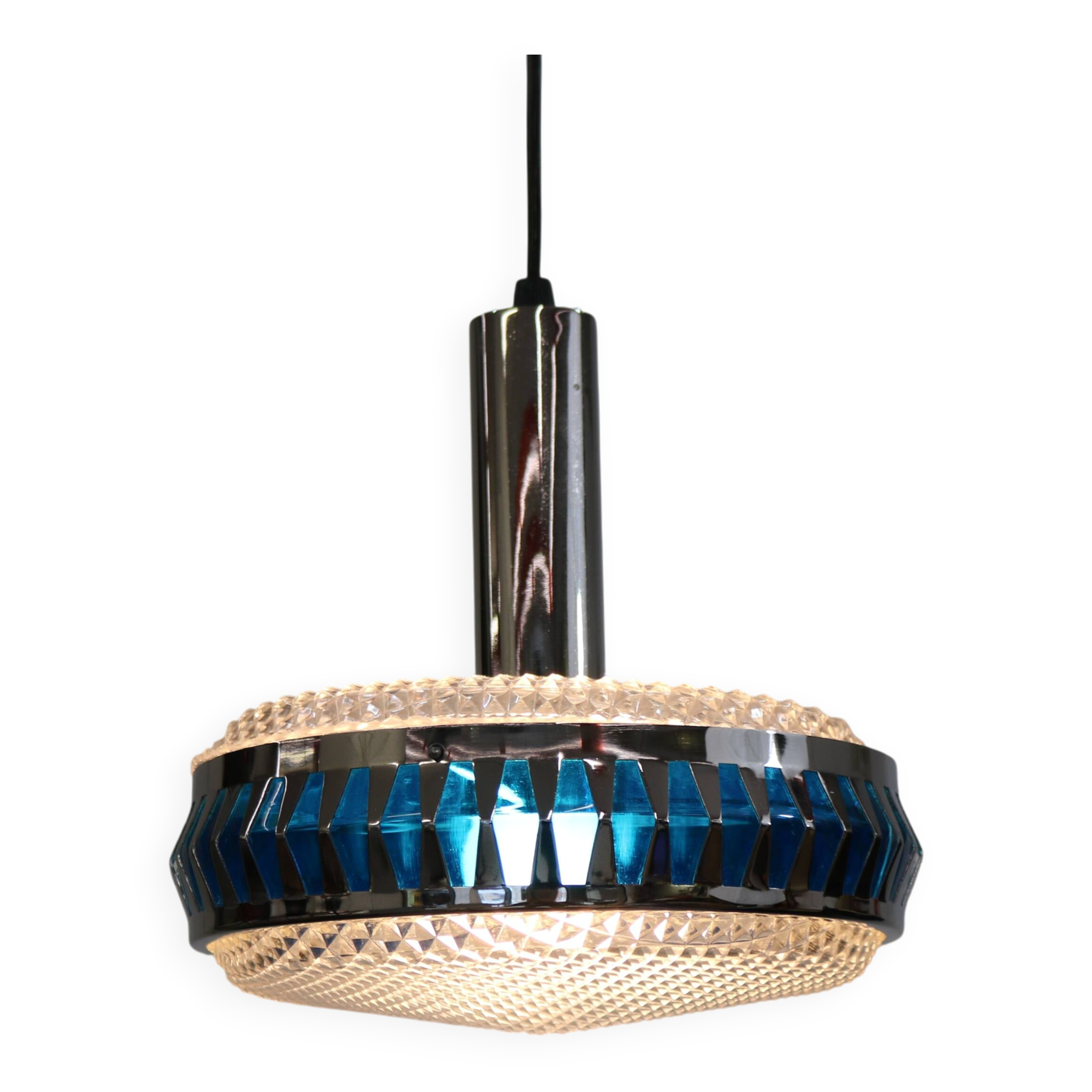 Vintage Chrome & Blue Pendant Lamp - 1970s Massive Belgium Lighting