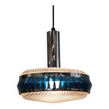 Lampe à pendentif vintage en chrome et bleu - Éclairage massif belge des années 1970