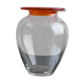 Big 1980s Glass Vase, Clear with Orange Accent, Decorative Piece, Collectible