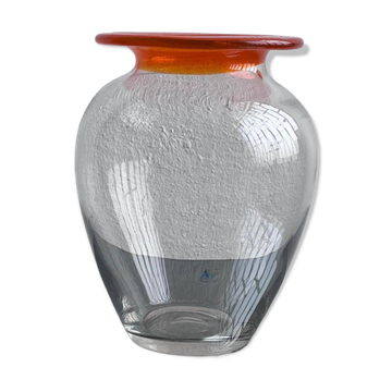 Big 1980s Glass Vase, Clear with Orange Accent, Decorative Piece, Collectible