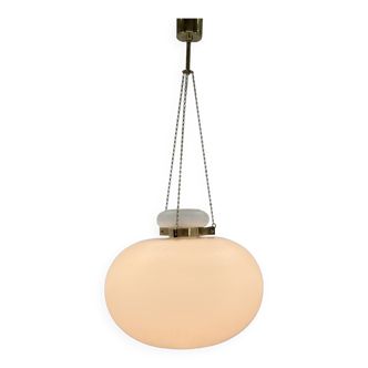 1970's large opaline glass & brass pendant light