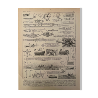 Lithographie gravure sur les sous-marins de 1897