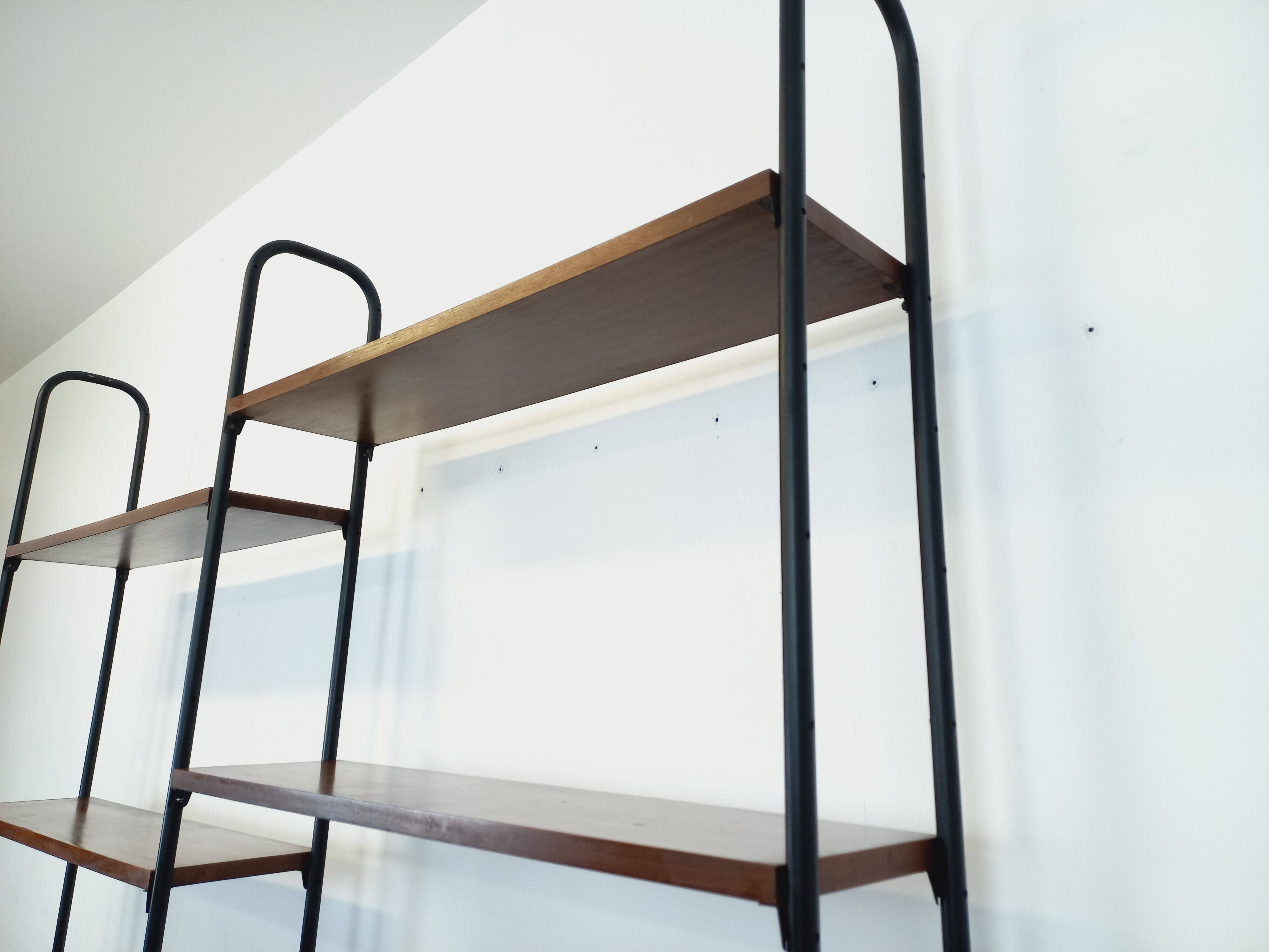 Vintage Italian double modular shelving unit in wood and metal