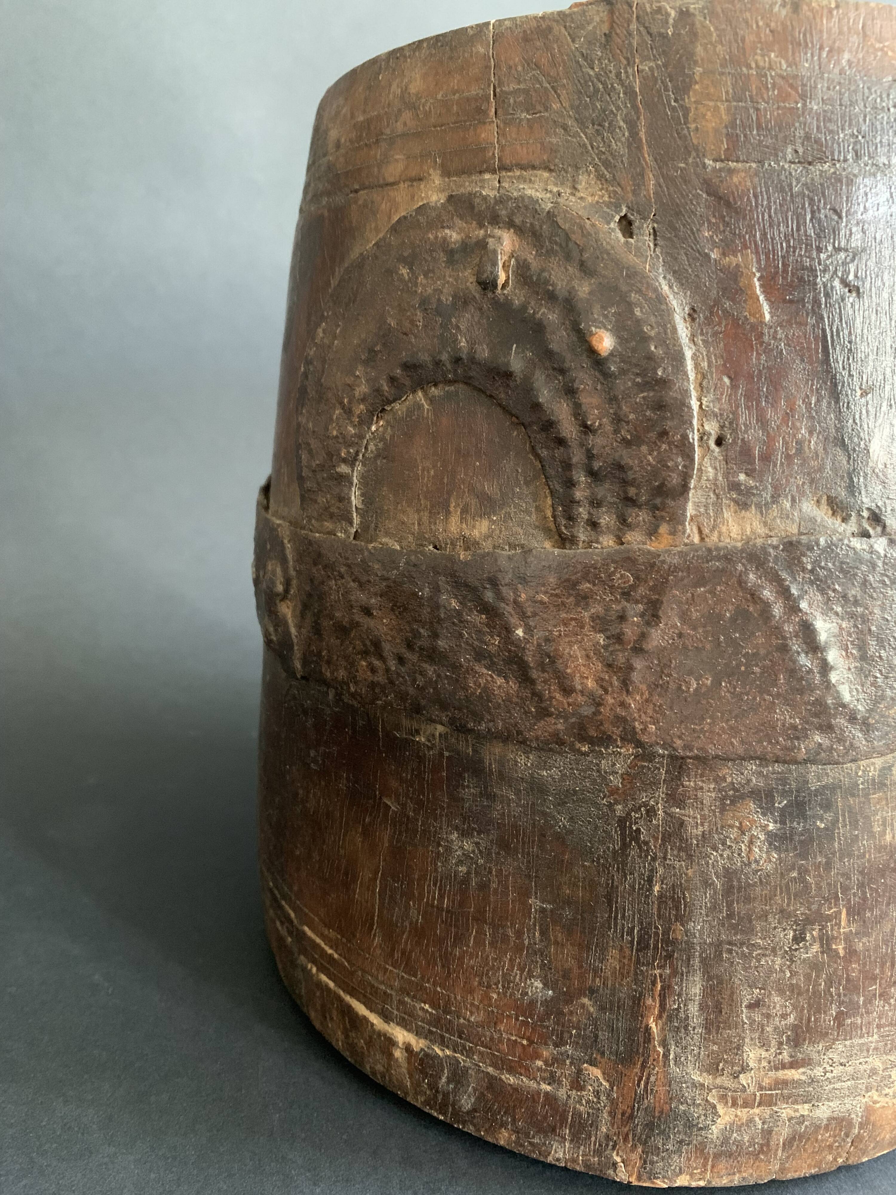 Large measuring pot in wood and old iron, 19th century folk art