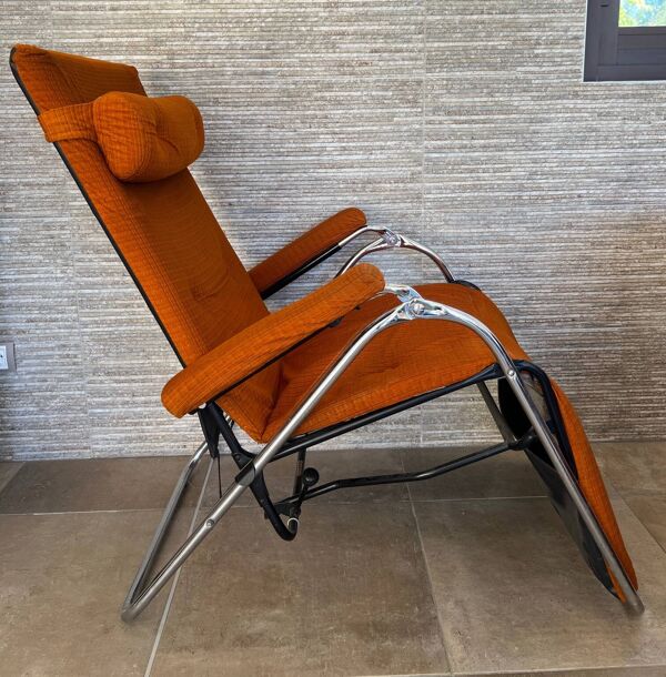 Fauteil relax Lama 1970 chaise longue velour orange