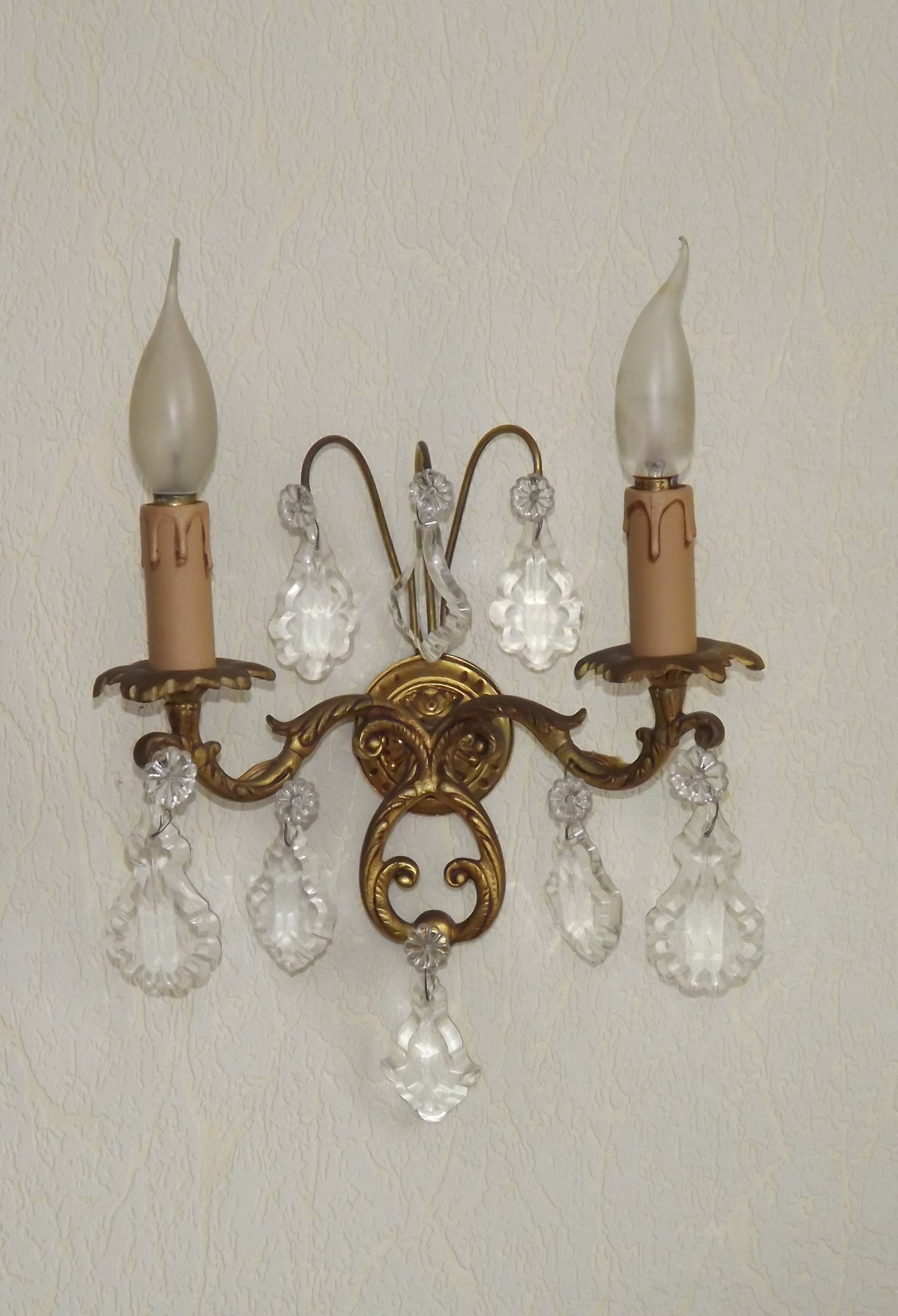 Pair of French Vintage Bronze Double Wall Lights Assorted Crystals 5331