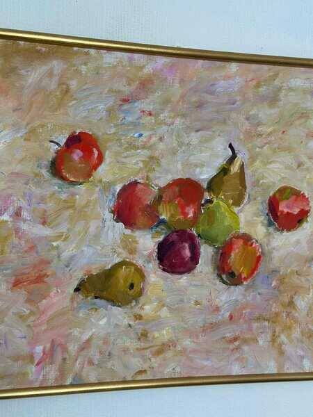 Original Swedish oil on canvas – “Frukt” by Bente Bjerregaard – dated 1989 – vintage & framed 59 × 70 cm