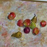 Original Swedish oil on canvas – “Frukt” by Bente Bjerregaard – dated 1989 – vintage & framed 59 × 70 cm